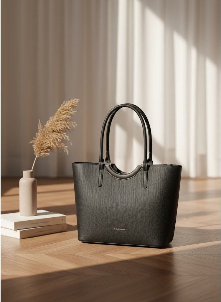 FUMES Women’s Structured Tote Handbag – Solid Textured Finish, Dual Top Handle, Elegant Office & Daily Carry Bag (Black) - Image 4